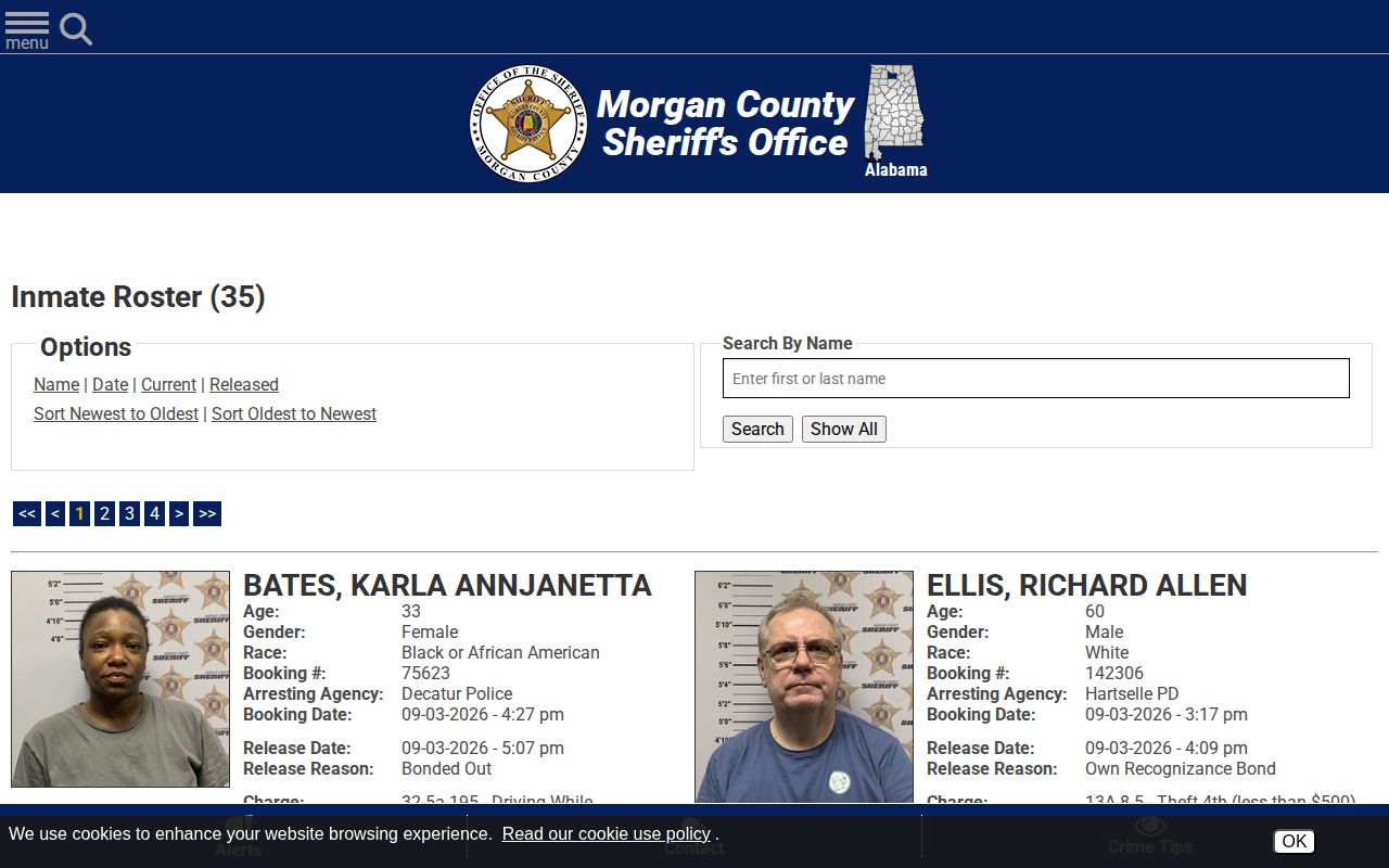 Morgan County Sheriff's Office 48 Hour Release roster interface