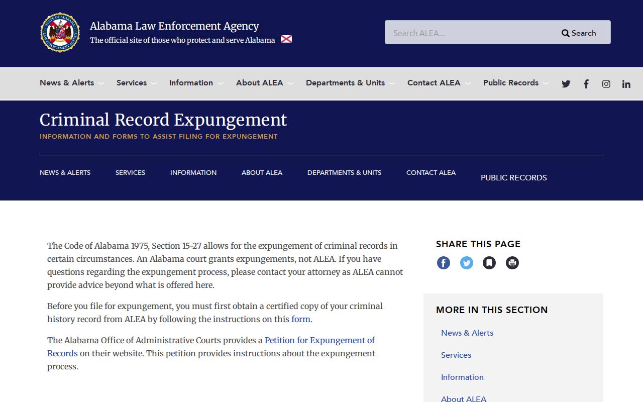 ALEA criminal record expungement page