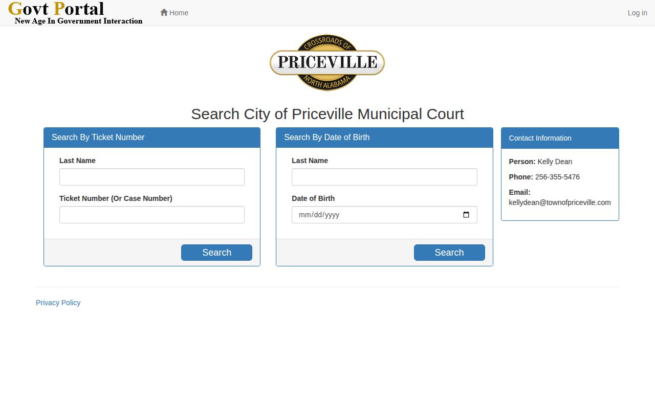 Priceville municipal court ticket and case search form