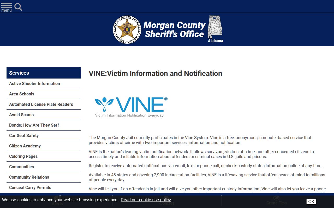 Morgan County Sheriff's Office VINE information and notification page
